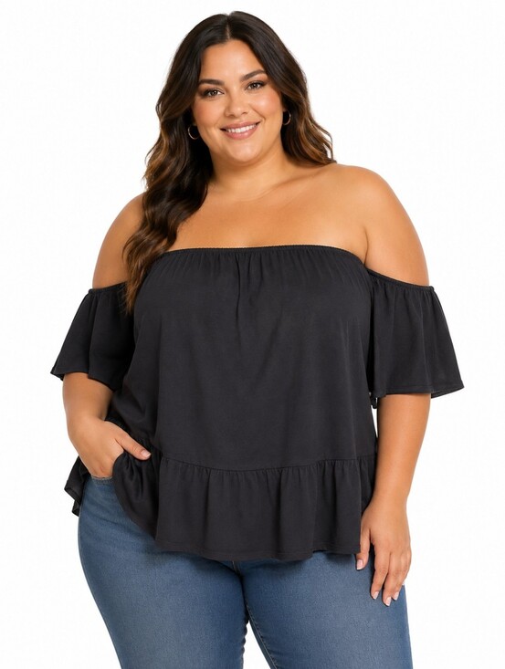 SHEIN Tops - SHEIN Black Off-Shoulder Ruffle Hem Blouse